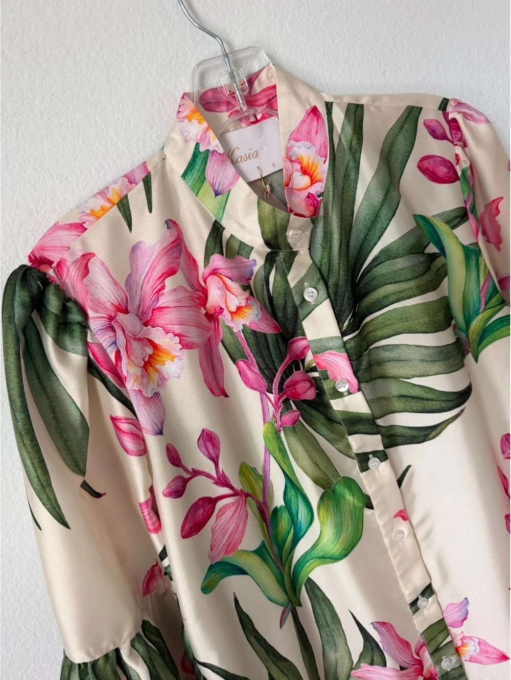 KASIA NWT Bell 3/4 Sleeve Button Up Floral Satin Tiered Mini Dress Size S